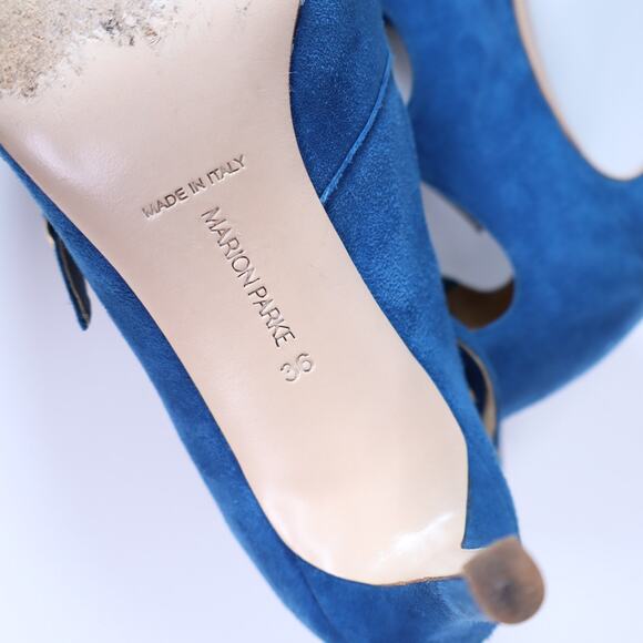 MARION PARKE Mitchell Blue Suede Caged Heel Multi Buckle Women's 36/US 6 - Picture 8 of 8